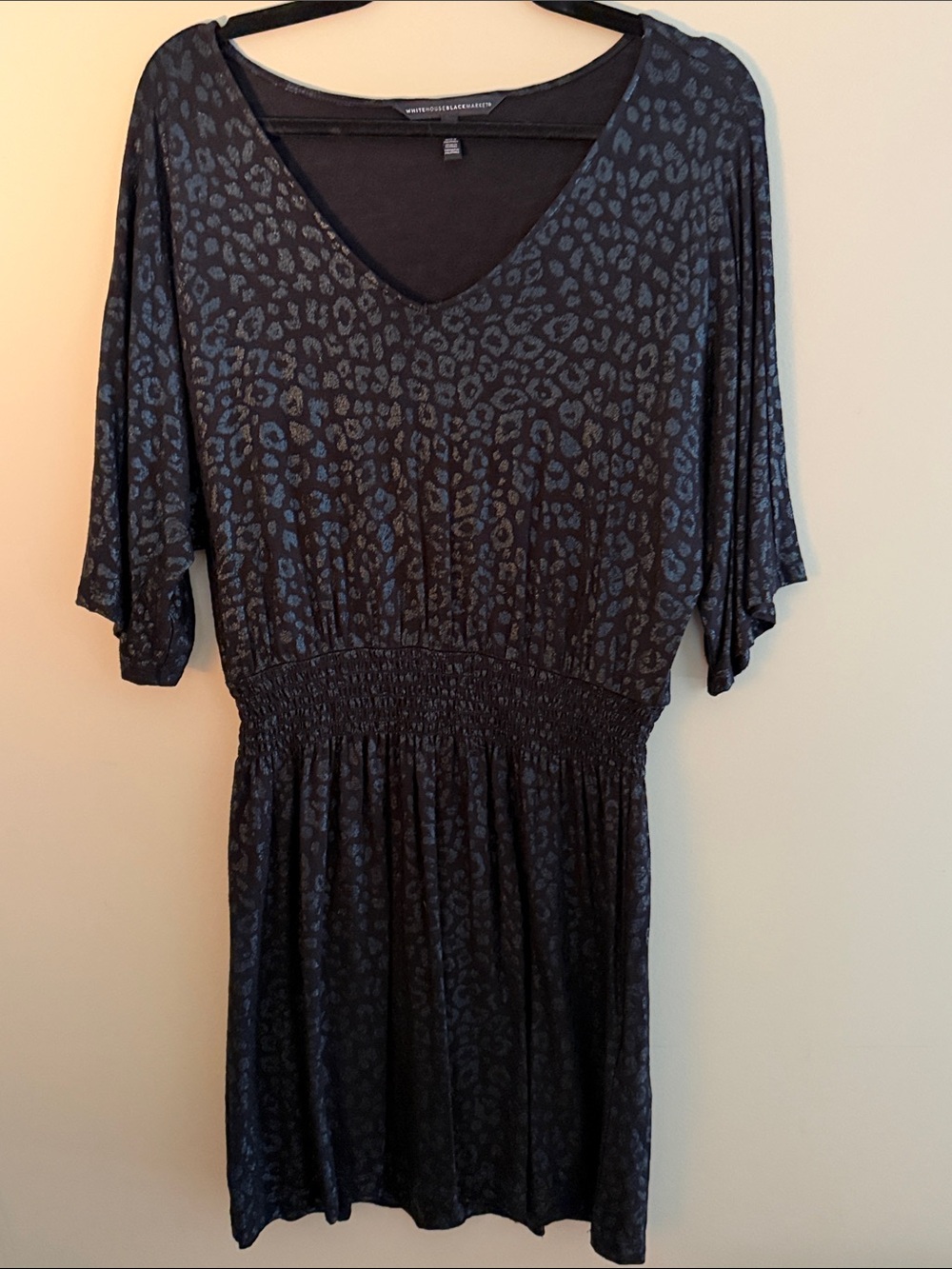 White House Black Market Women’s Black Leopard Print V-Neck Dress Size Medium